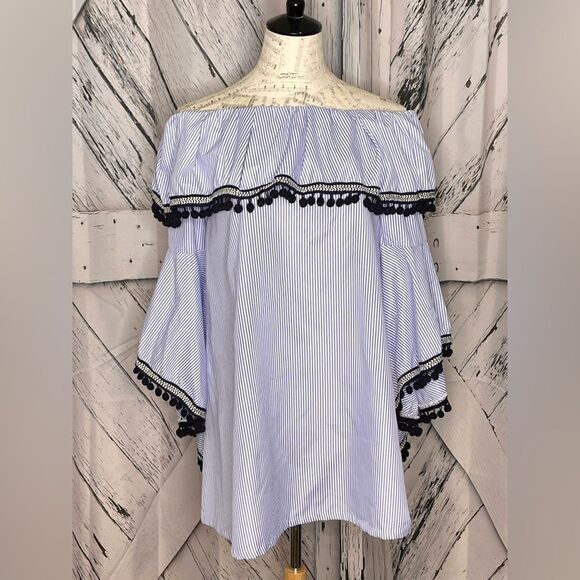 Forever 21 Off The Shoulder Striped Pom Pom Mini Dress/Tunic M - Picture 4 of 7